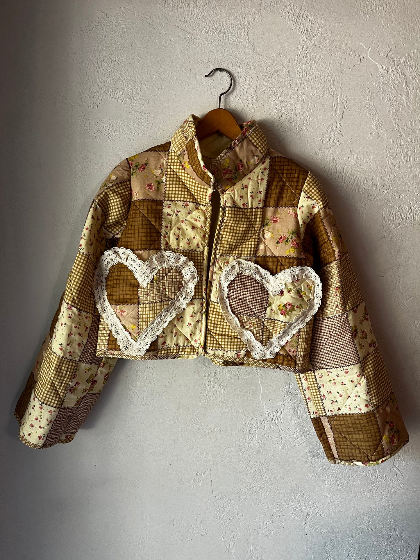 Cropped Upcycled Handmade Vintage Heart Pockets with Lace Jacket