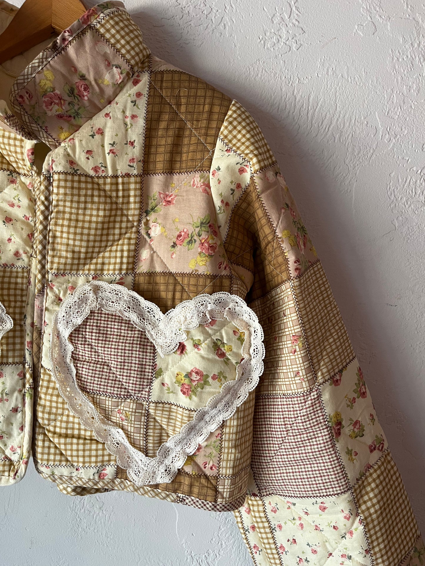 Cropped Upcycled Handmade Vintage Heart Pockets with Lace Jacket