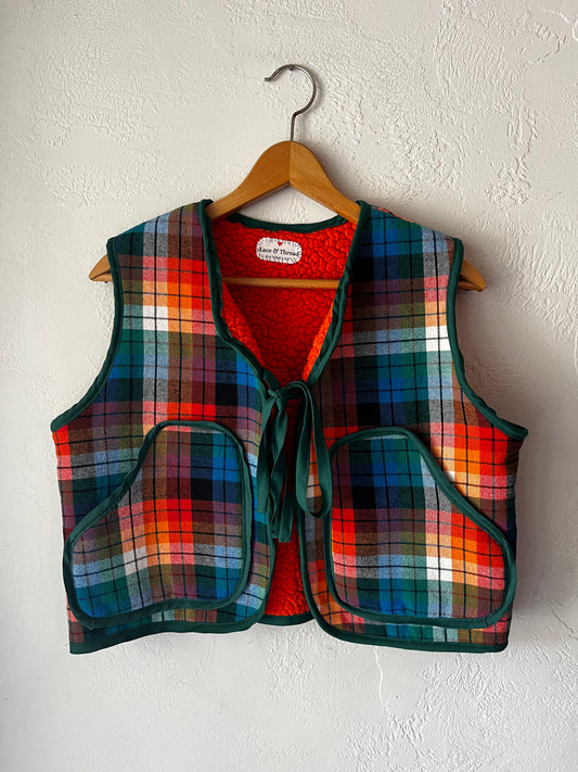 Rainbow Plaid Repurposed Vest Cropped- Size Medium